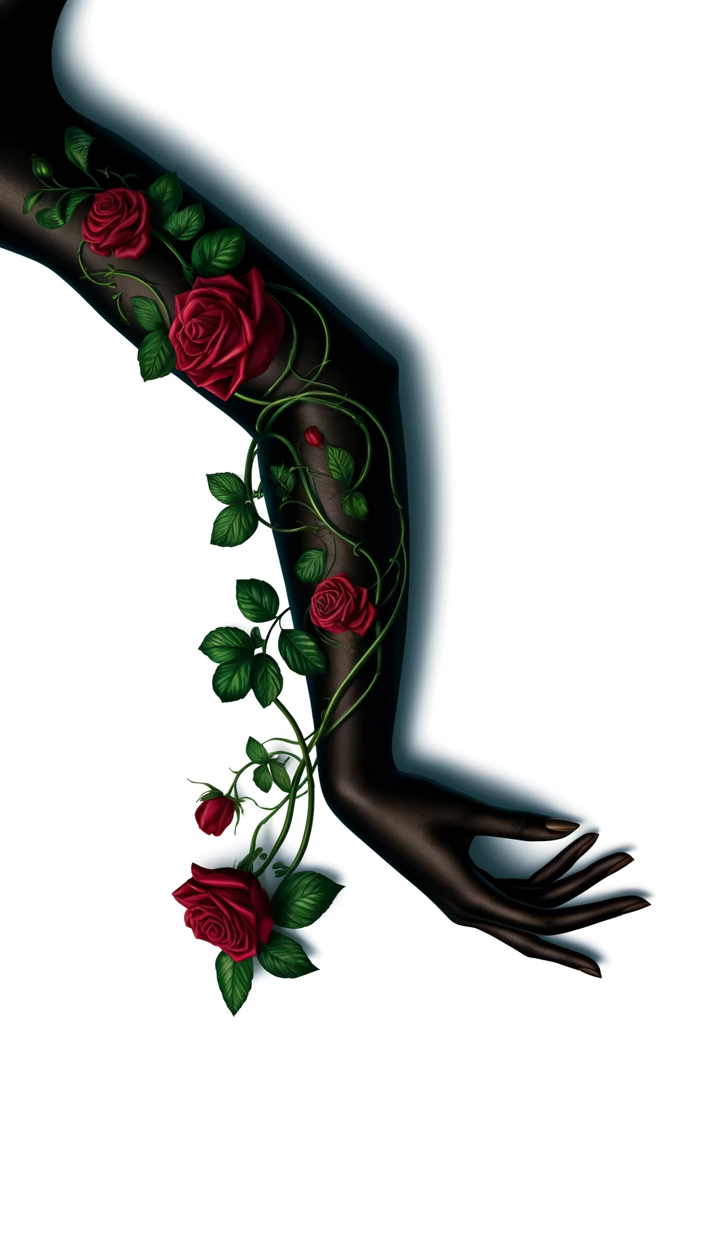 DALL·E 2024-05-03 23.51.05 - Artistic illustration of a black woman's arm extended horizontally, wrapped in an elegant arrangement of roses or vines, creating a sensual and aesthe